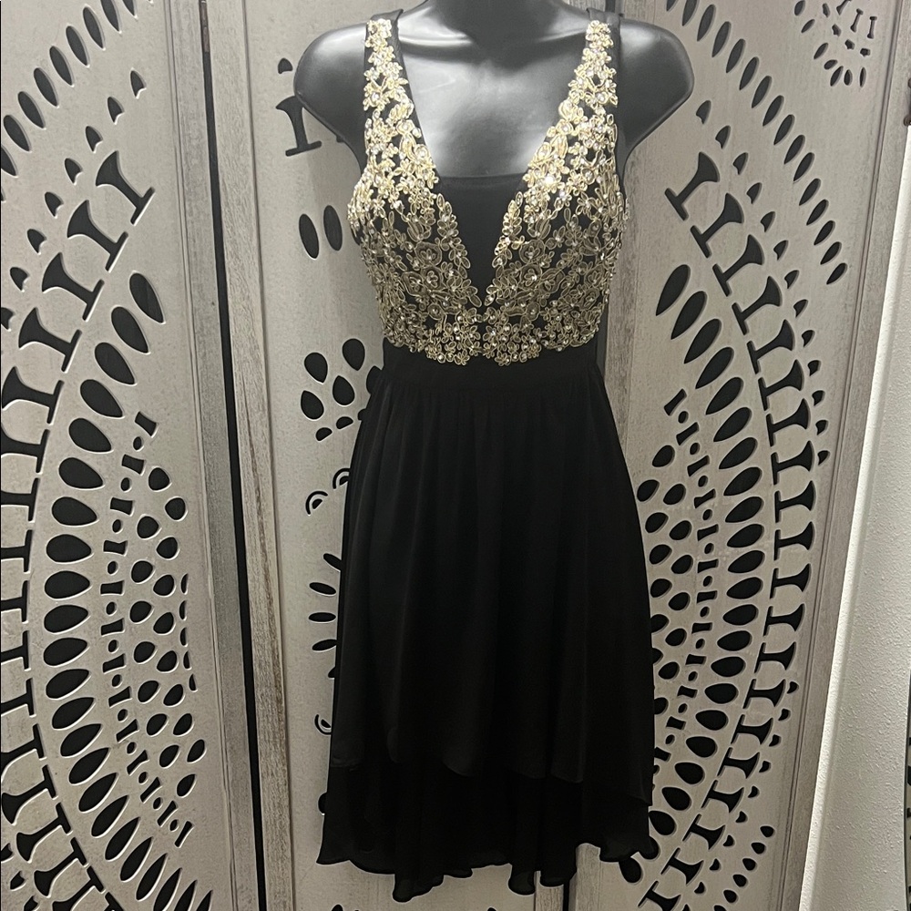 Elegant Black and Gold High Low Dress